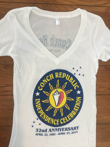 Conch Republic Independence Celebration 2014 V Neck T Shirt Women's Key West FL