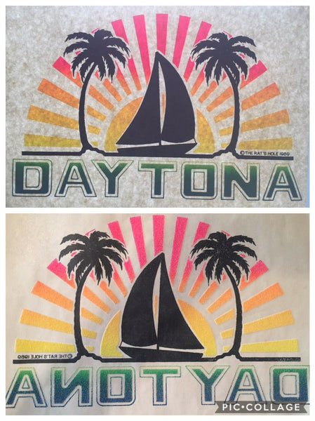 Vintage Rat's Hole Surf Shop Shirt Iron On Transfer Sparkle 1989 Daytona Boat