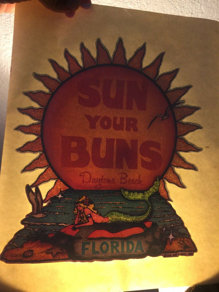 Vintage Rat's Hole 1981 Iron On Glitter Sun Your Buns Daytona Beach Florida NOS